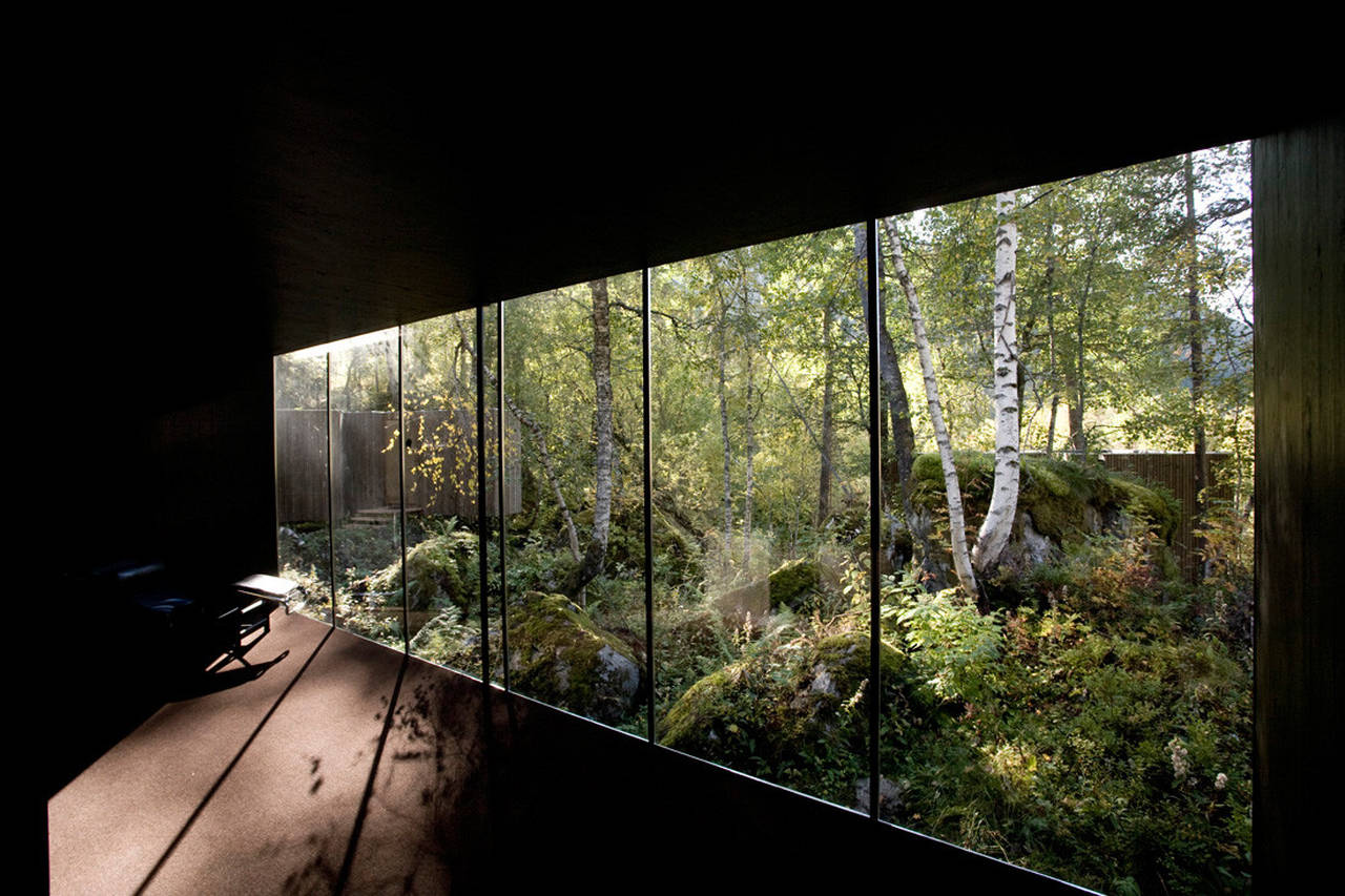 Interior of one of the cabins with light streaming in from the surrounding forest