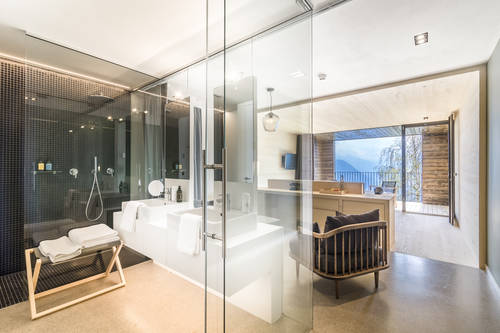 Glass is a major feature of the rooms