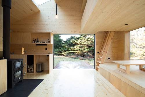 The plywood covered interior living space