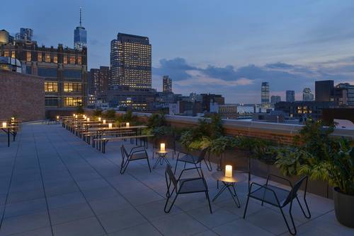 The hotel features a stunning terrace with views over New York