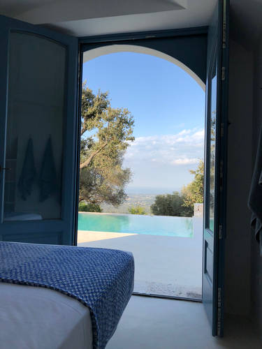 View from bed of the swimming pool